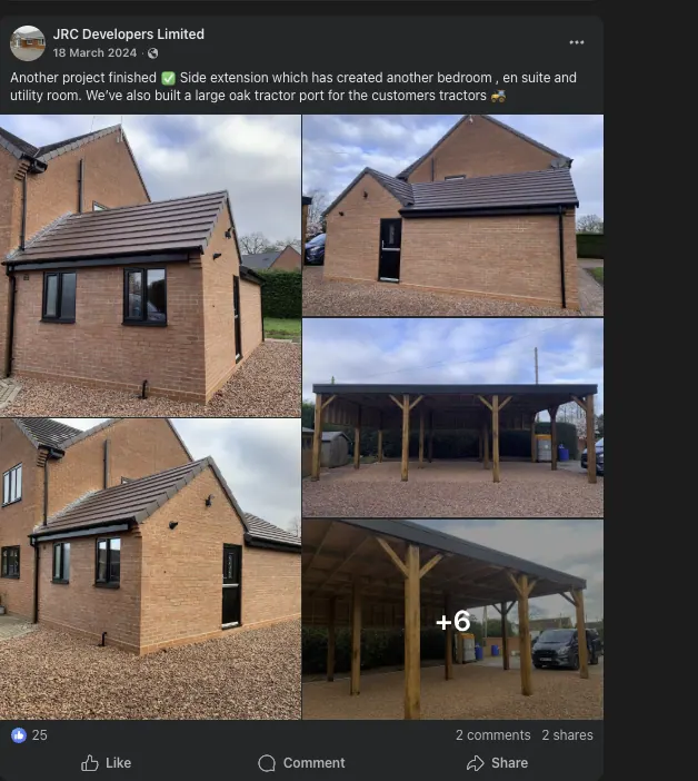 JRC Developers Facebook post from March 2024 announcing the completed side extension with new bedroom, en suite, utility room and oak tractor port