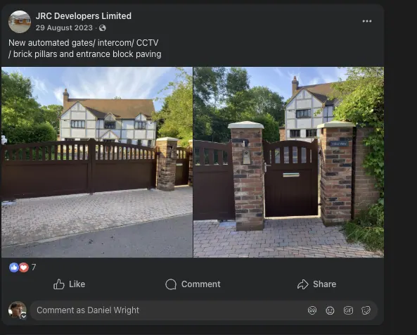JRC Developers social post announcing the completion of the Field View entrance — new automated gates, intercom, CCTV, brick pillars and block-paved entrance