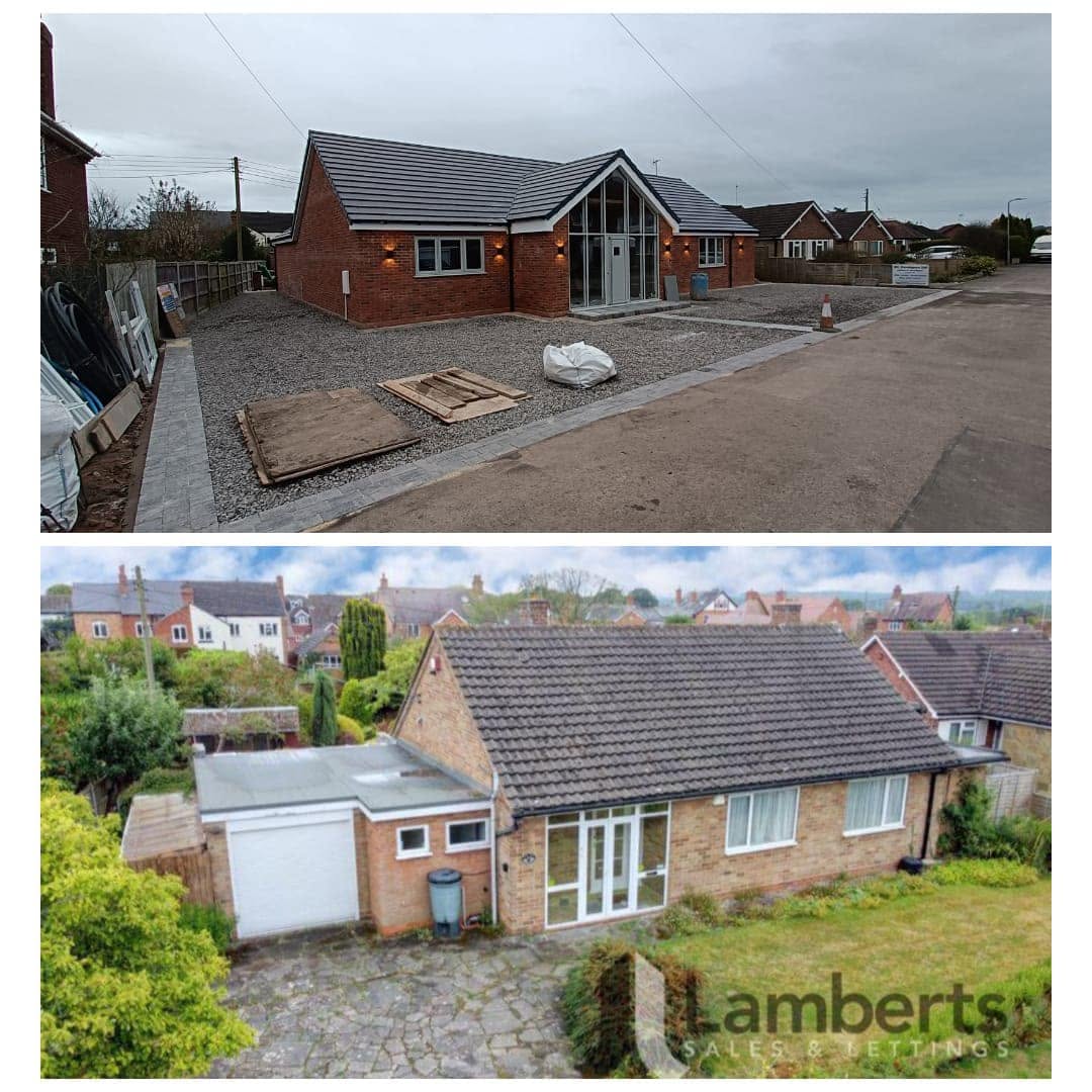 Before and after comparison of the White Gates bungalow transformation by JRC Developers — top: the completed modern three-bedroom home with glazed gable entrance and new roof; bottom: the original tired two-bedroom bungalow with dated concrete tile roof and overgrown garden